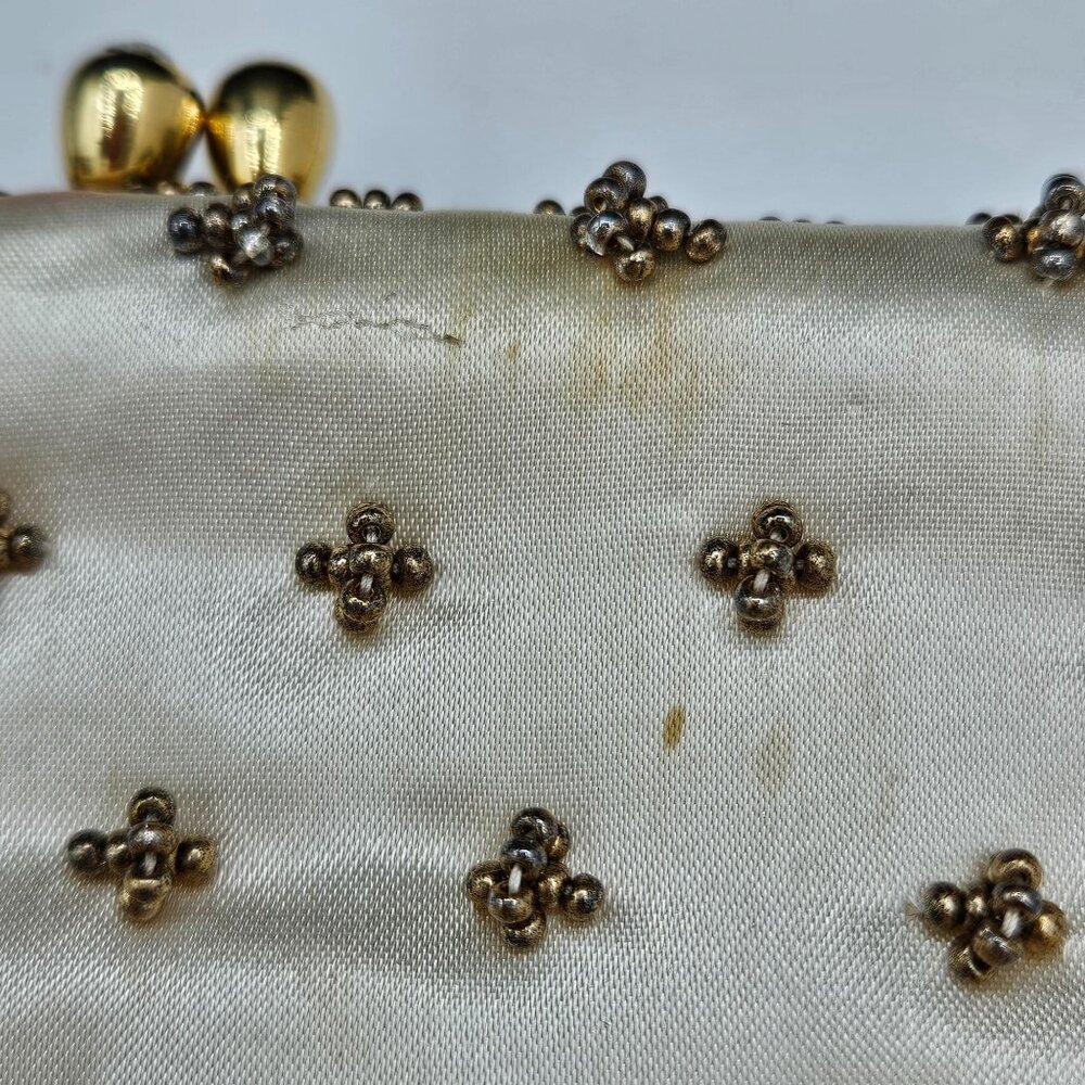Vintage Gold Beaded Ivory Satin Evening Bag With Rhinestone Clasp & Chain Strap - Picture 4 of 8